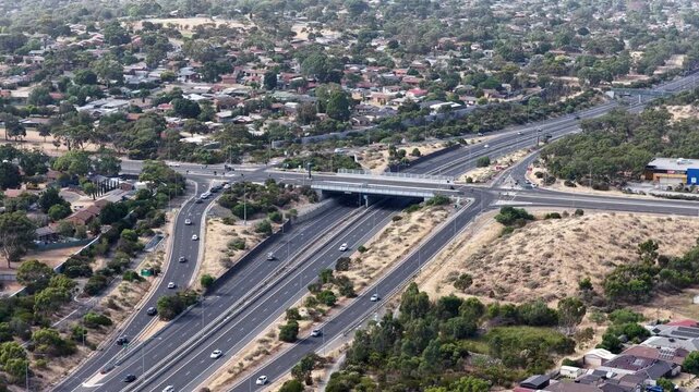 Southern Expressway, South Adelaide, South Australia: 4K aerial footage of highway traffic, road interchange, moving vehicles, urban transport in Hackham West, Noarlunga, Morphett Vale, Christie Downs