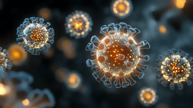 Close-up of illuminated virus structures.