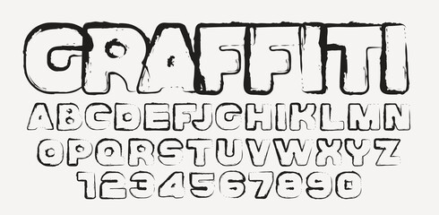 A vector font themed around graffiti, grunge, and street style. A Latin alphabet of simple linear letters, either stenciled or crooked, hand-drawn with jagged lines, spots, and splashes. © paseven