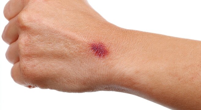 Close-up of a bruised or scraped area on a person's wrist