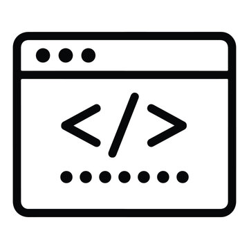Web Browser Development Icon with Coding Symbols, Minimalist Vector Line Art for Programming, Software Engineering, and Web Design Projects on White Background