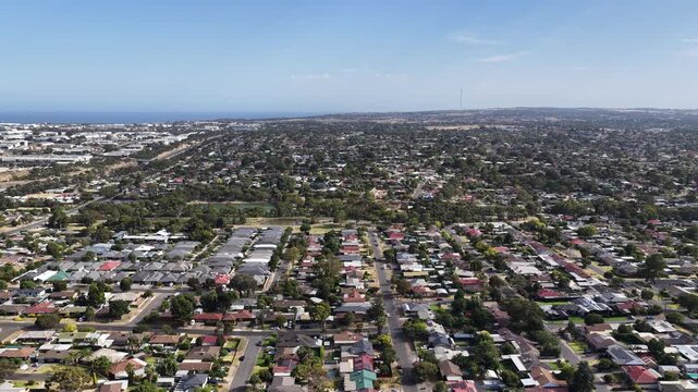 Morphett Vale, South Adelaide, South Australia: 4K aerial footage of residential suburb, houses, estates, streets, highways, traffic, urban infrastructure, near Noarlunga, Christie Downs, Hackham West