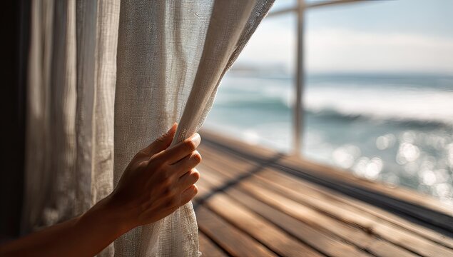 Hand pulls back sheer curtain revealing bright ocean view and sunlit deck
