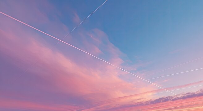 Soft pink and orange clouds drift across a vibrant blue sky with faint contrails