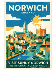 Naklejka premium Contemporary travel poster design of Norwich City using mid-century inspired colors, simple shapes, and a stylized sun with clouds in a clean modern composition.