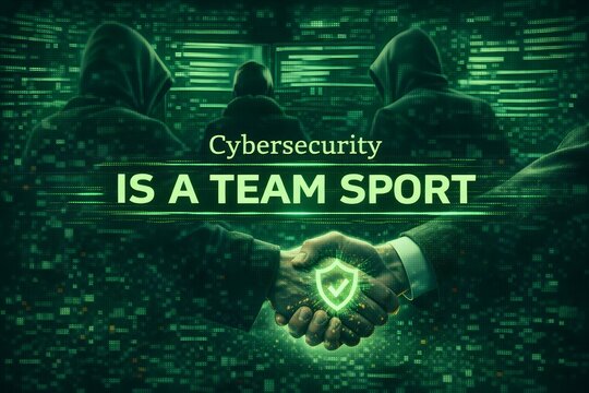 Handshake between cybersecurity professionals in green digital environment symbolizing collaborative defense teamwork and shared responsibility protecting critical information systems