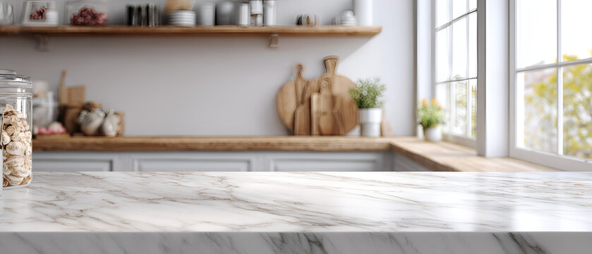 A bright kitchen scene with a marble countertop in the foreground. Soft-focus reveals a shelf, cutting boards, window, and plants