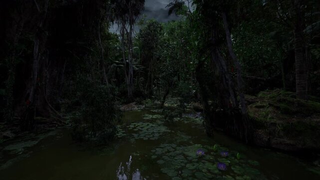 gnarled cypress trunk rising from dark water with textured bark, tangled roots and subtle reflection heavy canopy and damp air create primal, contemplative
