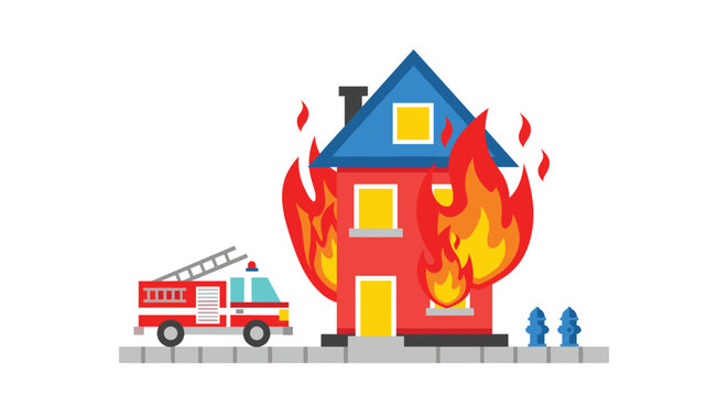 A red two-story house with a blue roof is engulfed in large orange flames, with a fire truck parked nearby and two blue fire hydrants.