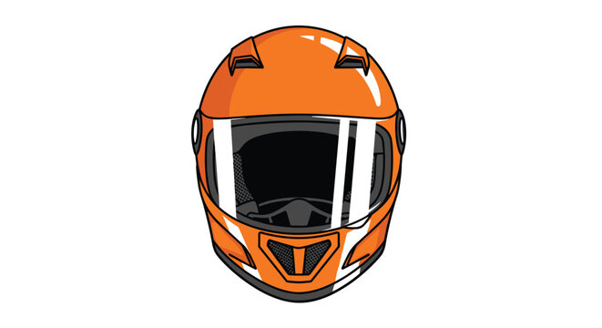 An orange full-face motorcycle helmet with a dark visor and white accents is shown from a front view on a white background.
