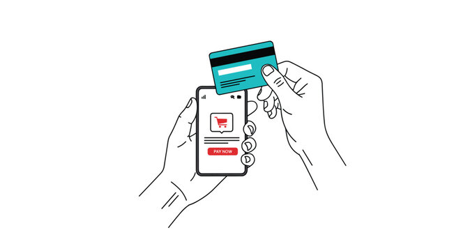 Two hands hold a white smartphone with a shopping cart icon and a credit card over it on a white background.