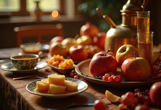 Rosh Hashanah Jewish New Year Table Setting Delicious Honey Apple Challah Pomegranate Feast