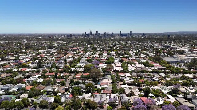 Adelaide, South Australia: 4K Aerial Drone Footage of Southern Suburbs, Residential Houses, Tree-Lined Streets, Jacaranda Bloom and Urban Landscape in Unley, Parkside, Malvern 