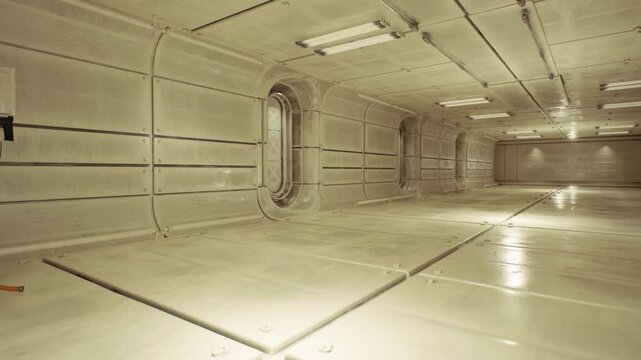 Peaceful crew corridor featuring porthole and soft glow ambiance, Calm crew passage illuminated by porthole light and smooth polished paneling