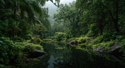 Obraz premium Lush jungle canopy reflects in dark tranquil water