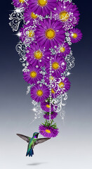 Naklejka premium Cascade of purple flower, gem, and scrollwork. Hummingbird at the bottom, wings spread, suggesting nature, elegance, and vibrant life, free space