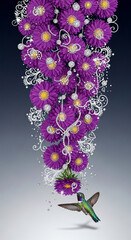 Naklejka premium Purple daisy cascade with diamond jewel, white ornament, and hummingbird at the bottom, representing elegance, luxury, and nature balance