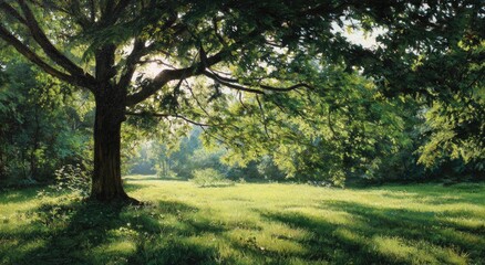 Fototapeta premium Sunlight filters through leafy branches onto a sun-dappled grassy clearing