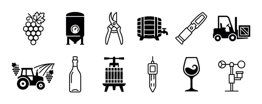 Set of black winemaking icons showing the complete viticulture and vinification process with grapes, a barrel, press, bottle, glass, tractor, and fermentation tank