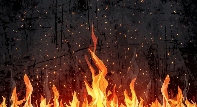 A stylistic low poly flame background featuring glowing embers on a dark grunge textured surface