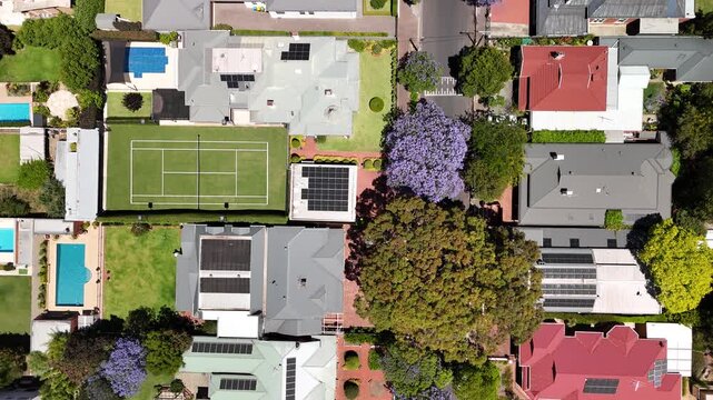Adelaide, South Australia: 4K Aerial Drone Footage of Southern Suburbs, Residential Houses, Tree-Lined Streets, Jacaranda Bloom and Urban Landscape in Unley, Parkside, Malvern 