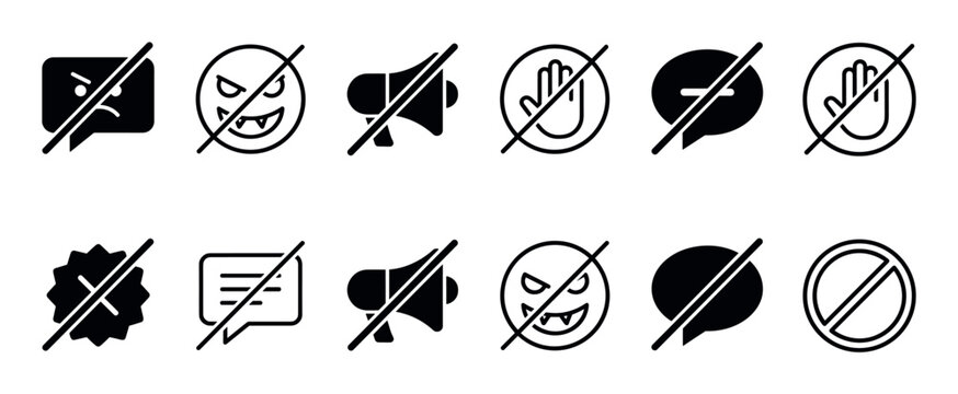 Set of black crossed-out icons for prohibition and censorship, including symbols for mute, stop, no hate speech, and bad comments, representing restriction and banning