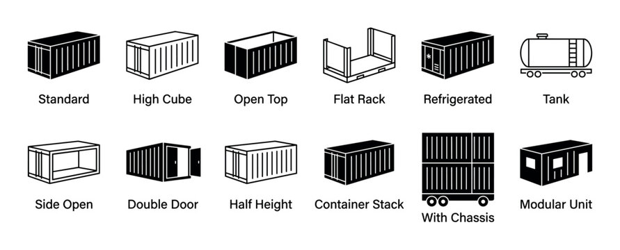 This collection of diverse cargo shipping container icons showcases various intermodal freight units, including standard, high cube, open top, and tank designs