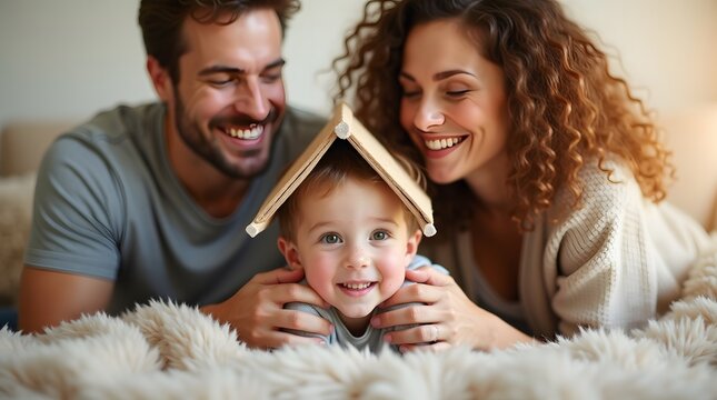 Happy mixed-race family playing indoors with a wooden house model atop their child's head, creating joyful memories.