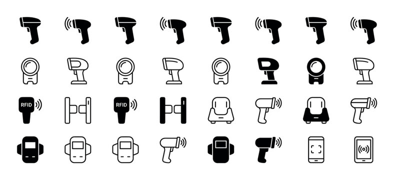 Barcode scanner and RFID reader icon set with various device designs for logistics and retail, featuring both solid glyph and thin line art styles for user interface elements