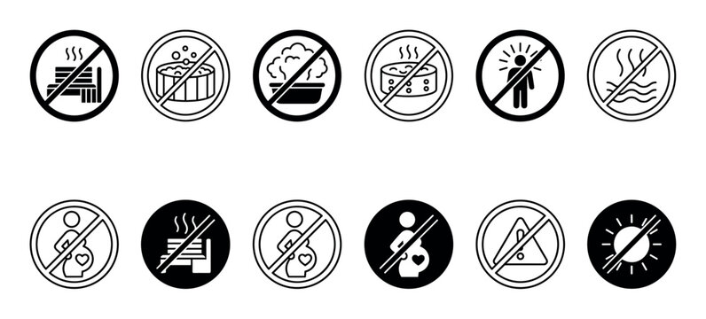 Black and white prohibition sign collection showing safety rules and health warnings for spa, sauna, and jacuzzi areas, featuring minimalist pictograms for various restrictions
