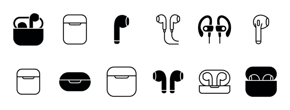 Set of black wireless earbud icons featuring various designs of in-ear headphones, charging cases, and earphones presented in minimalist solid and line art vector styles