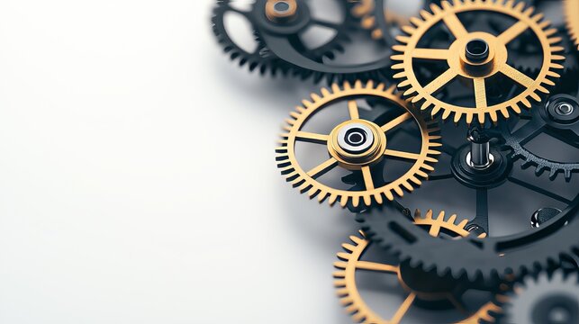 Intricate Clockwork Gears Assembly on White Background, Showcasing Precision Engineering