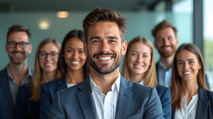 Fototapeta premium Confident young male in a business suit leads a diverse team, all smiling and engaged in a professional environment.