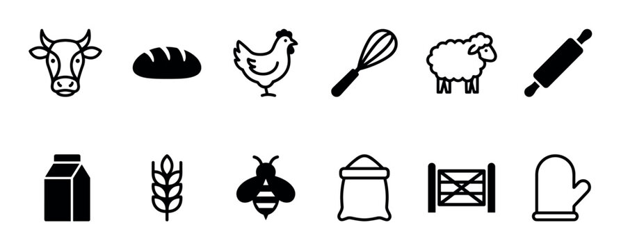Simple black icon set for farming and baking concepts, featuring a cow, sheep, chicken, bread, milk, wheat, bee, and various kitchen utensils in a clean minimalist style