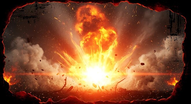 A massive and intense fiery explosion creating a glowing cloud of smoke and bright orange debris