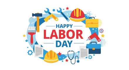 Naklejka premium Happy labor day greeting with assorted tools hard hats and medical stethoscope