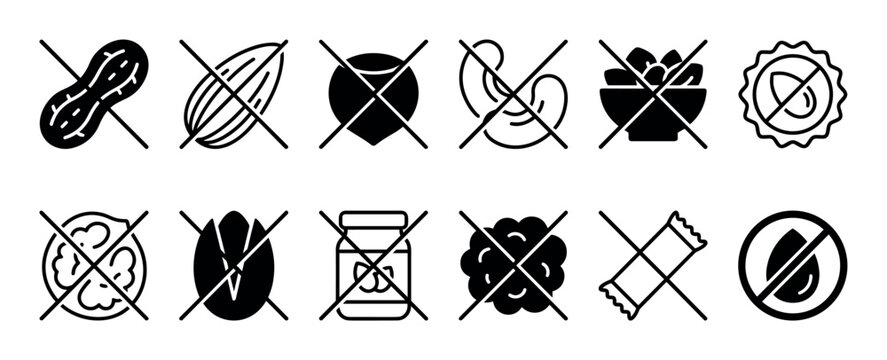 Allergen free food icons set with crossed out nuts, peanuts, almonds, and oil symbols for dietary restriction labeling and packaging, presented in a minimalist black line art style