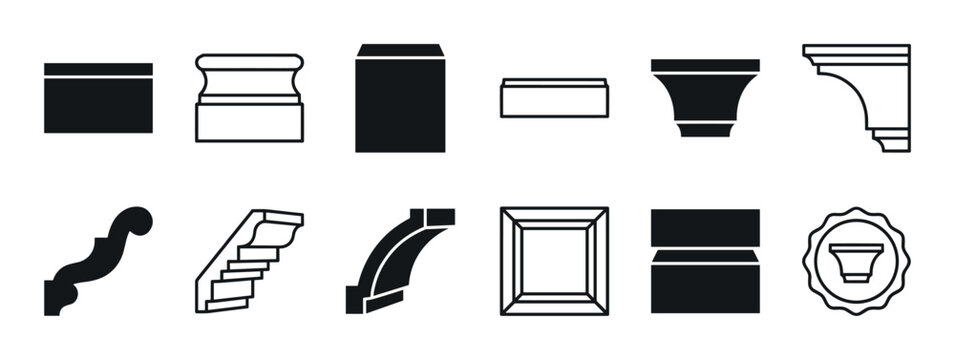 Set of black architectural molding profile icons showing various shapes for cornices, baseboards, and trim in a minimalist silhouette and line art graphic vector illustration style