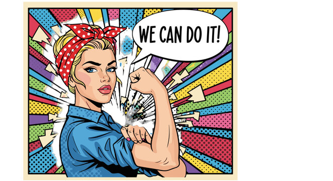 Iconic rosie the riveter flexing arm with 'we can do it' slogan symbolizing