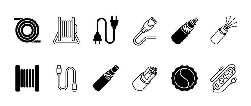 Set of electrical wire and cable icons showing various types of connectors, plugs, spools, and power strips in a minimalist black and white line art vector illustration style