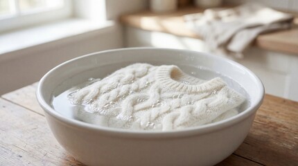 Fototapeta premium A white sweater soaking in a bowl of water on a wooden table by the window