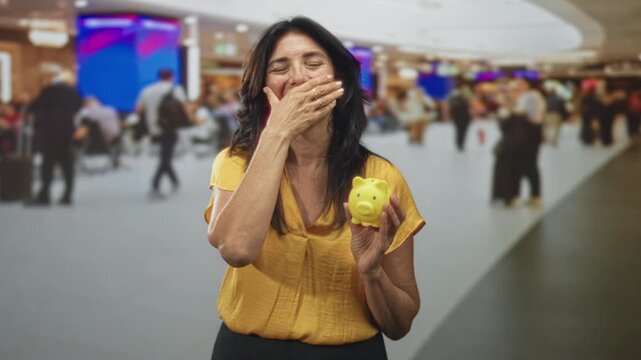 Middle age hispanic woman holding yellow piggy bank covers mouth with hand in busy airport concourse among travelers; relief savings.