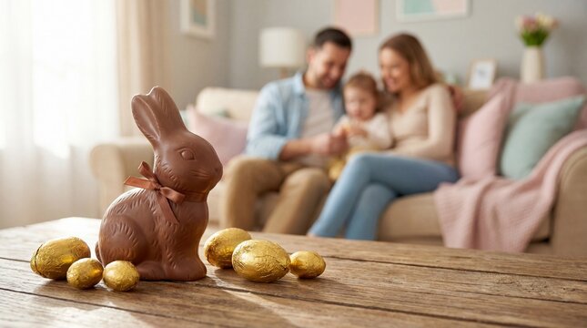 A happy family with a little child sitting on a couch in the background with a chocolate Easter bunny and eggs on a wooden table in the foreground.