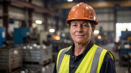 Fototapeta premium A middle-aged industrial worker wearing safety gear in a factory setting