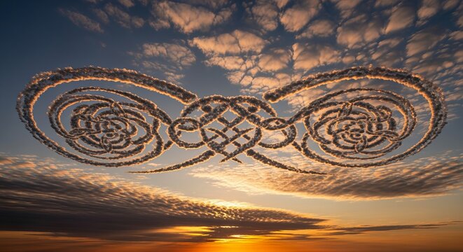 Enchanting Celestial Celtic Design Under Colorful Dawn Skies, Evoking Mystical Serenity and Beauty