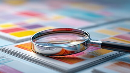 Isolated Magnifying Glass Resting on Smooth Pastel Tabletop Beside Layered Translucent Data Cards