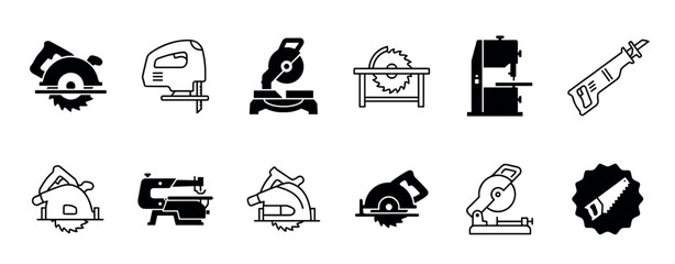 Power saw and cutting tool icon set with various electric woodworking instruments like circular saws, jigsaws, and miter saws presented in a simple black glyph and line art style © Happy Carrot