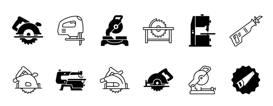 Power saw and cutting tool icon set with various electric woodworking instruments like circular saws, jigsaws, and miter saws presented in a simple black glyph and line art style