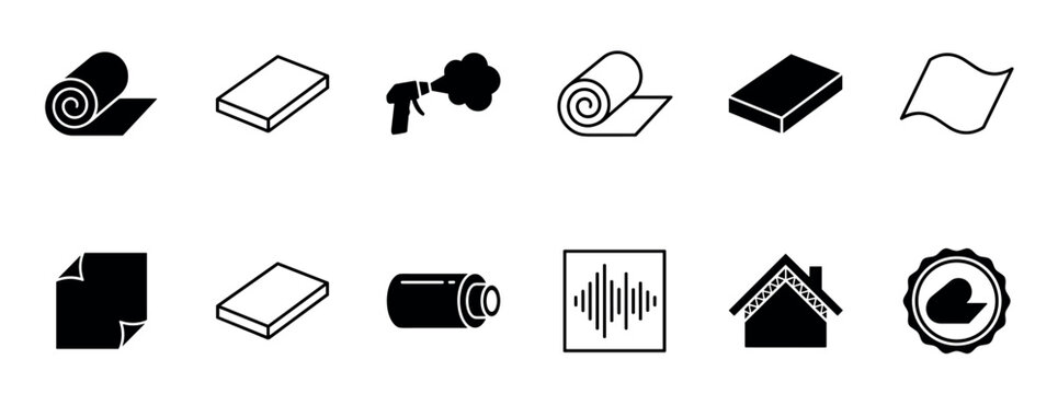 Set of black and white building insulation icons showing rolls, panels, spray foam, soundproofing, and home construction materials in a minimalist graphic style