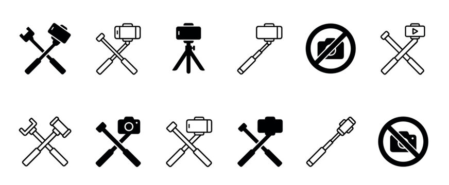 Set of black selfie stick icons for mobile photography, showing monopods, tripods, smartphone holders, and no camera signs in solid and outline vector styles